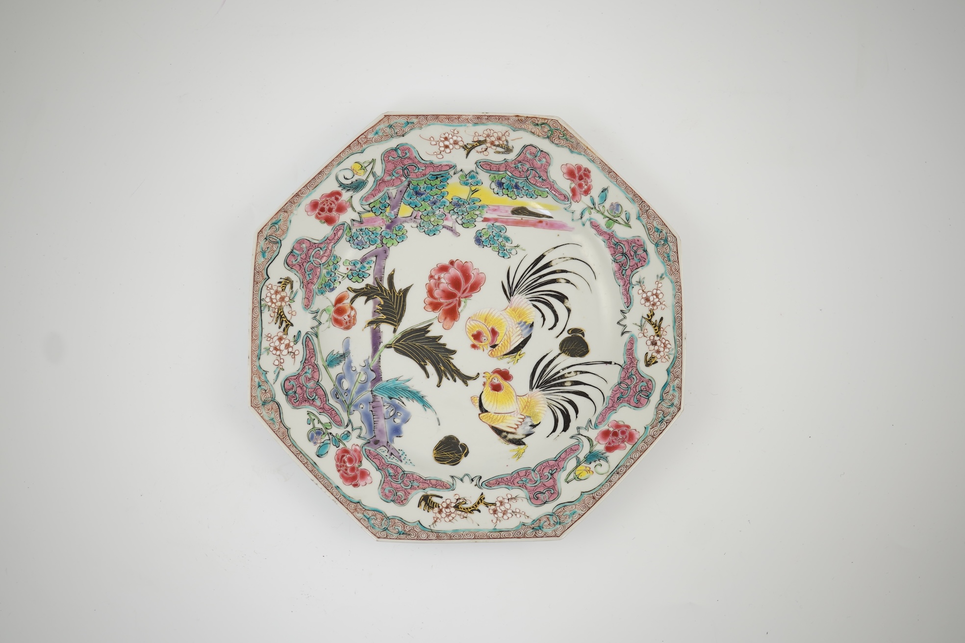 A Chinese famille rose ‘cockerel’ octagonal plate, Yongzheng period